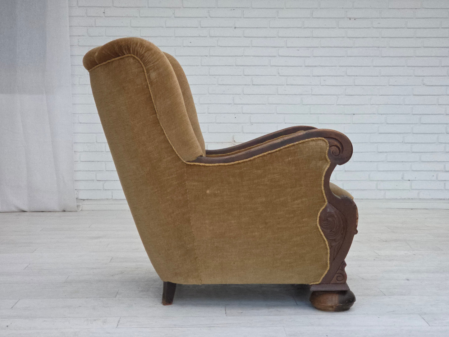 1960s, Danish relax chair, original green furniture velour, carved oak wood.