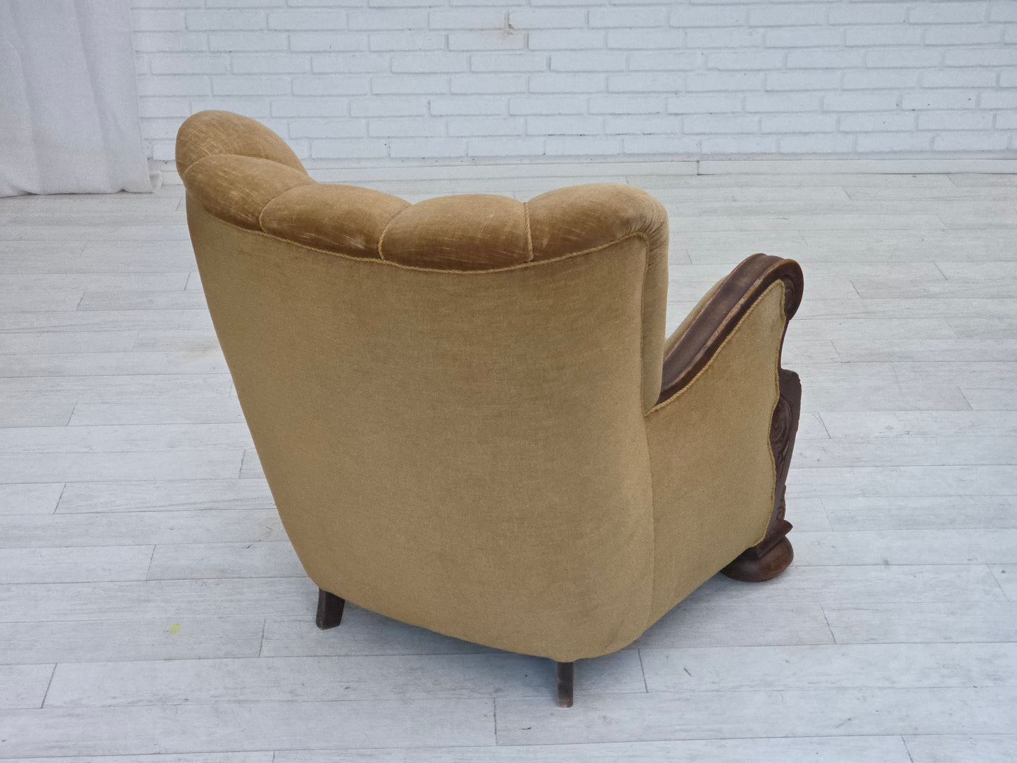 1960s, Danish relax chair, original green furniture velour, carved oak wood.
