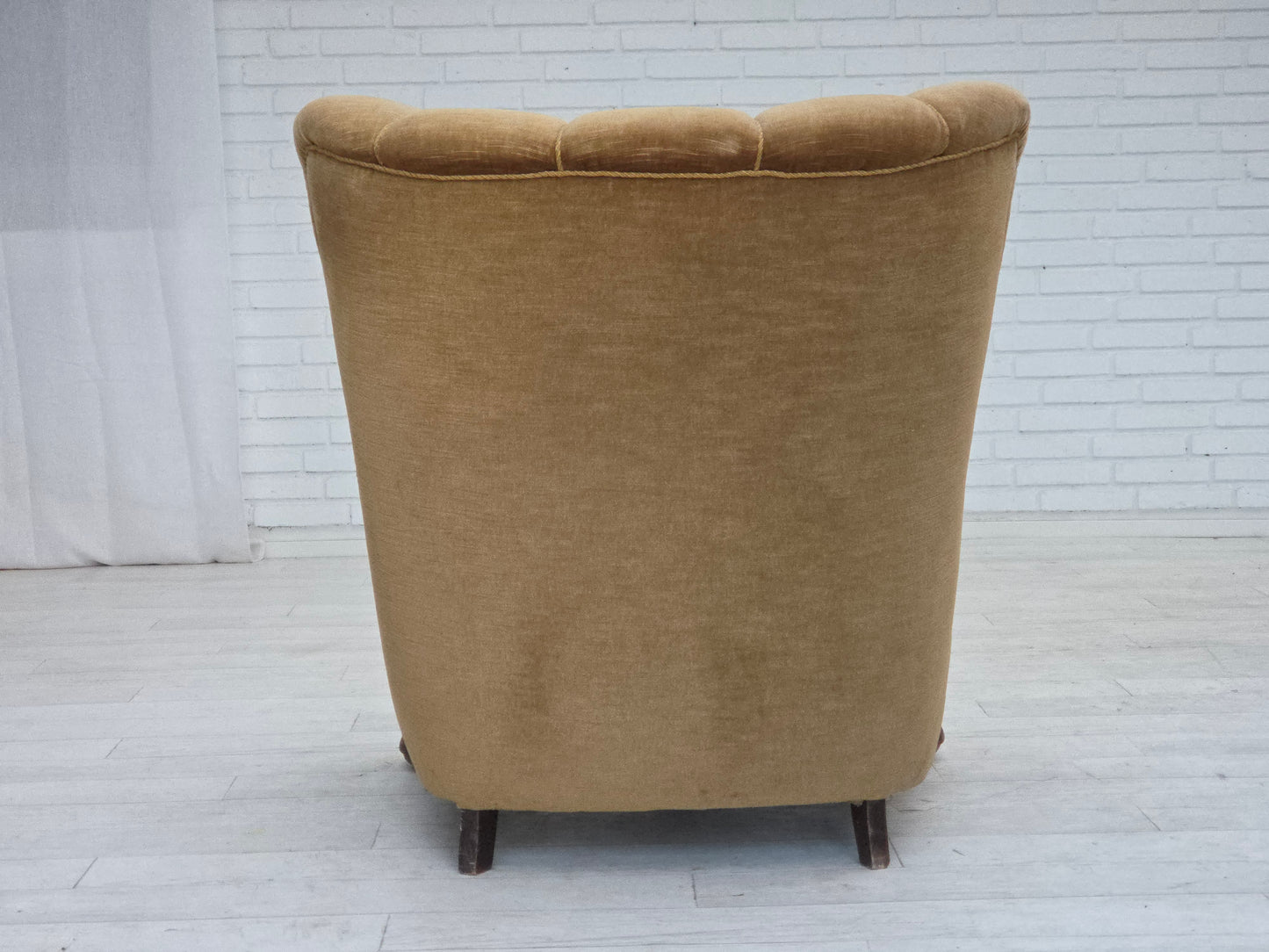 1960s, Danish relax chair, original green furniture velour, carved oak wood.