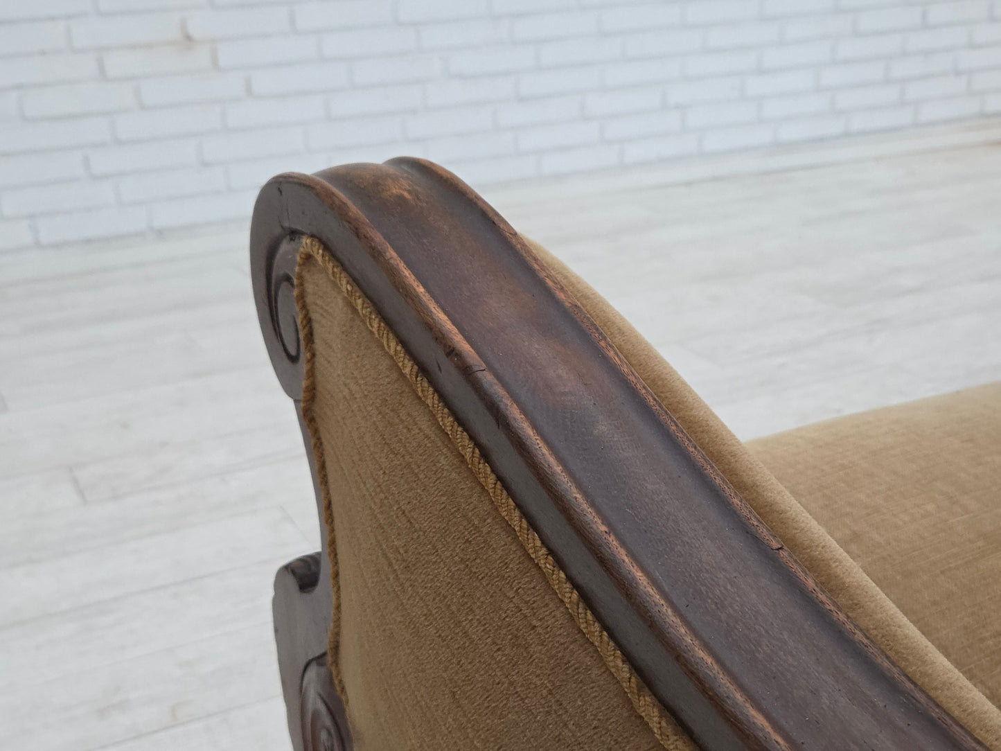 1960s, Danish relax chair, original green furniture velour, carved oak wood.