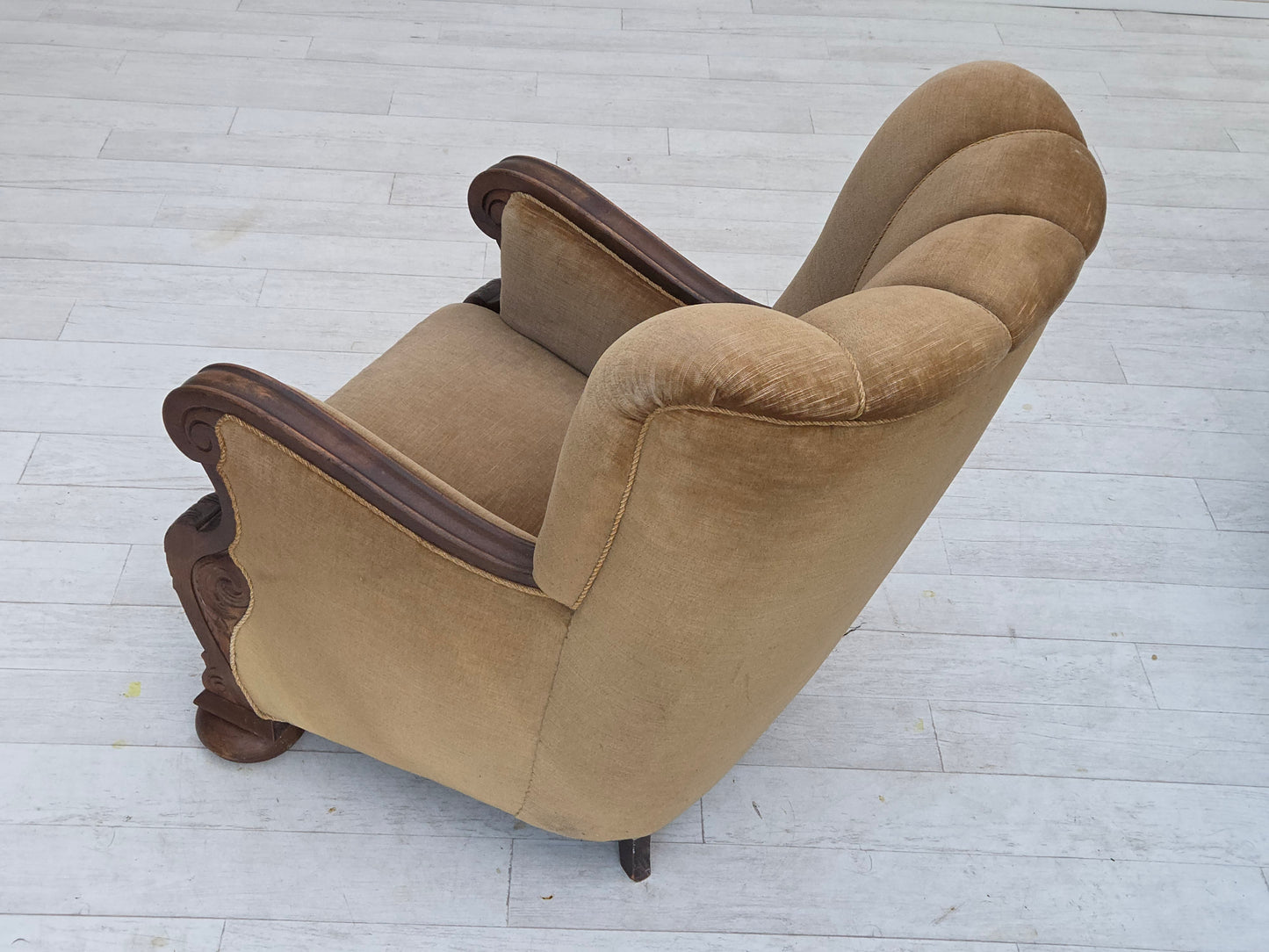 1960s, Danish relax chair, original green furniture velour, carved oak wood.