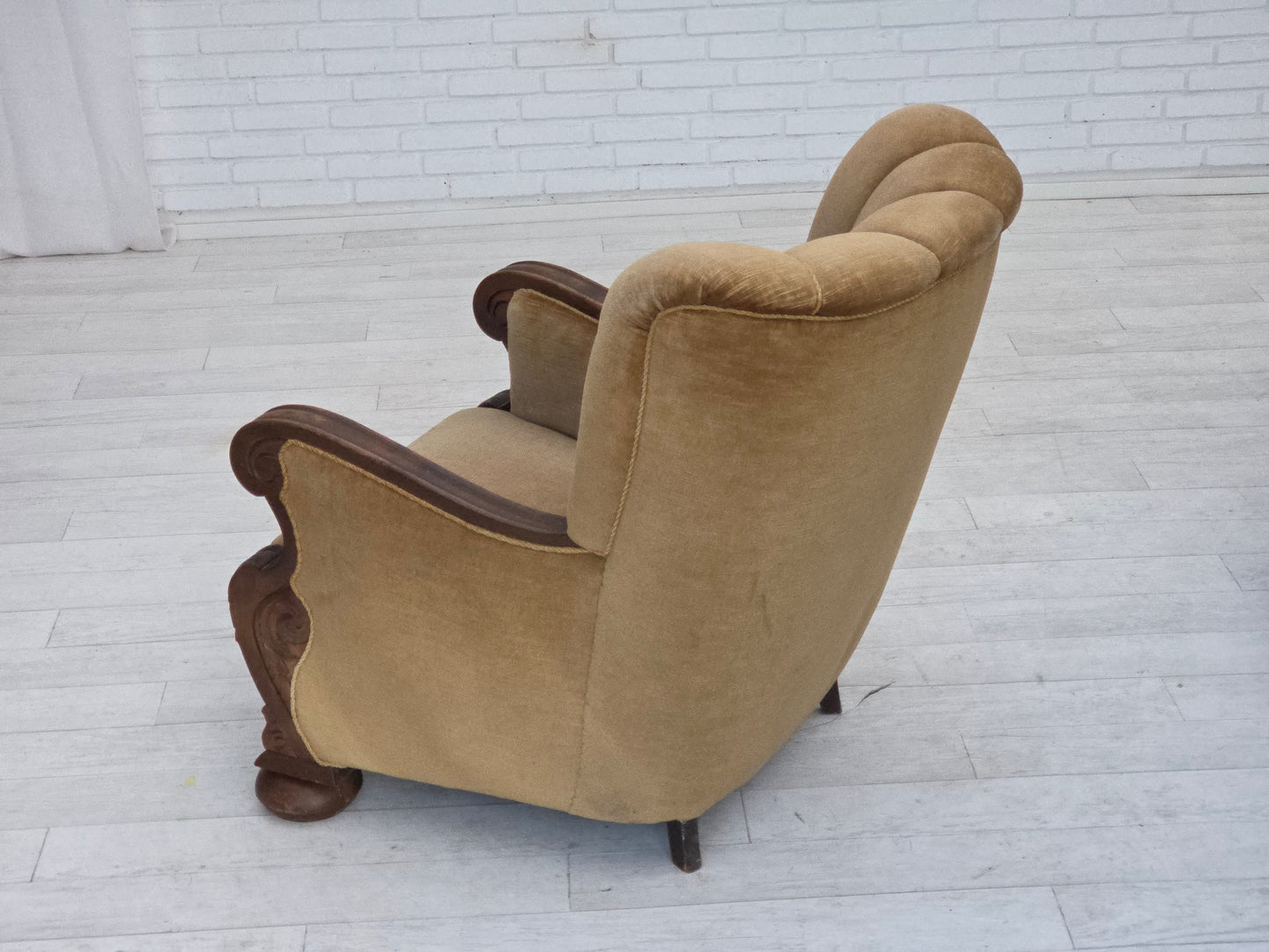 1960s, Danish relax chair, original green furniture velour, carved oak wood.