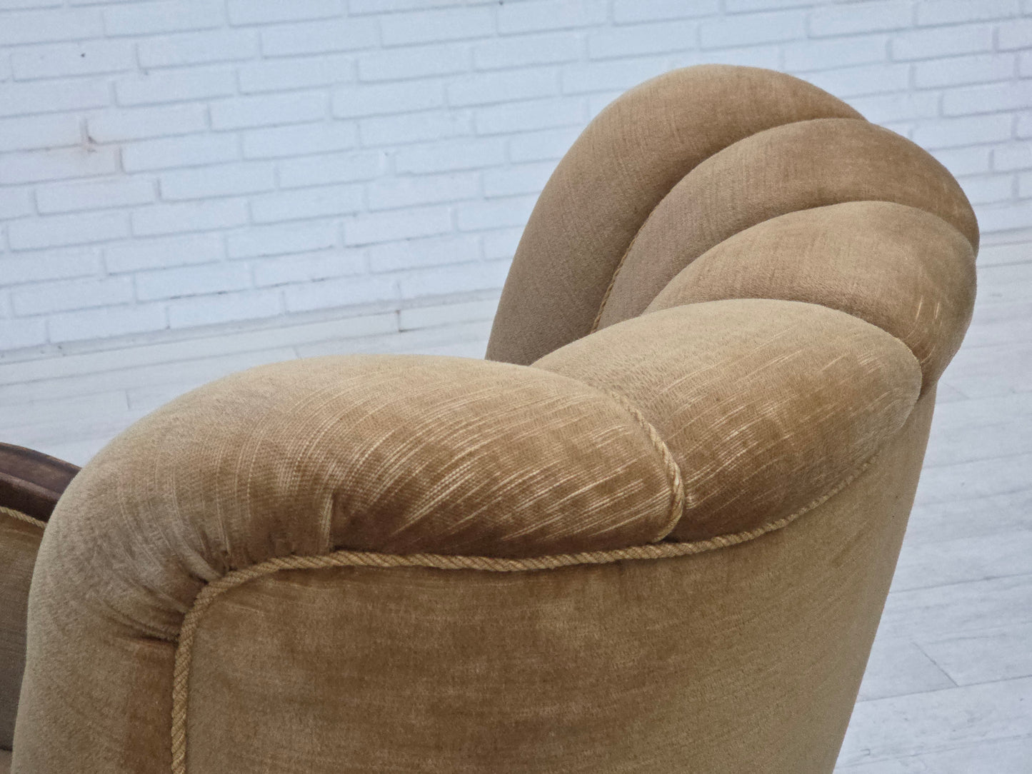 1960s, Danish relax chair, original green furniture velour, carved oak wood.
