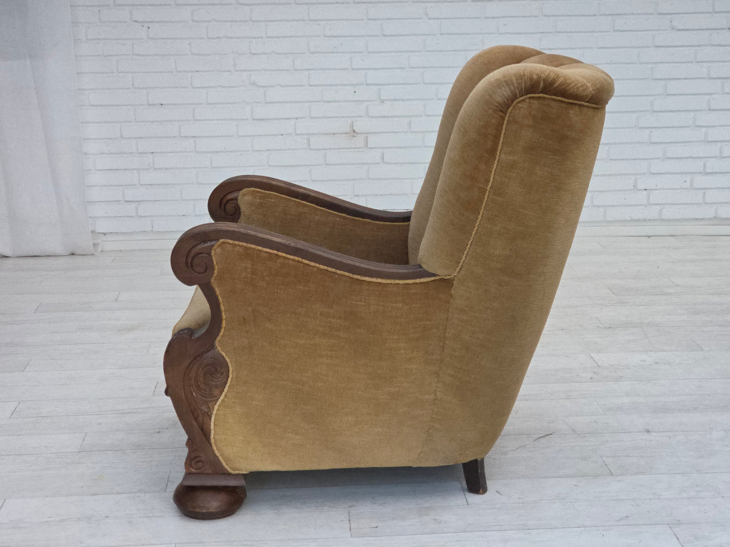 1960s, Danish relax chair, original green furniture velour, carved oak wood.