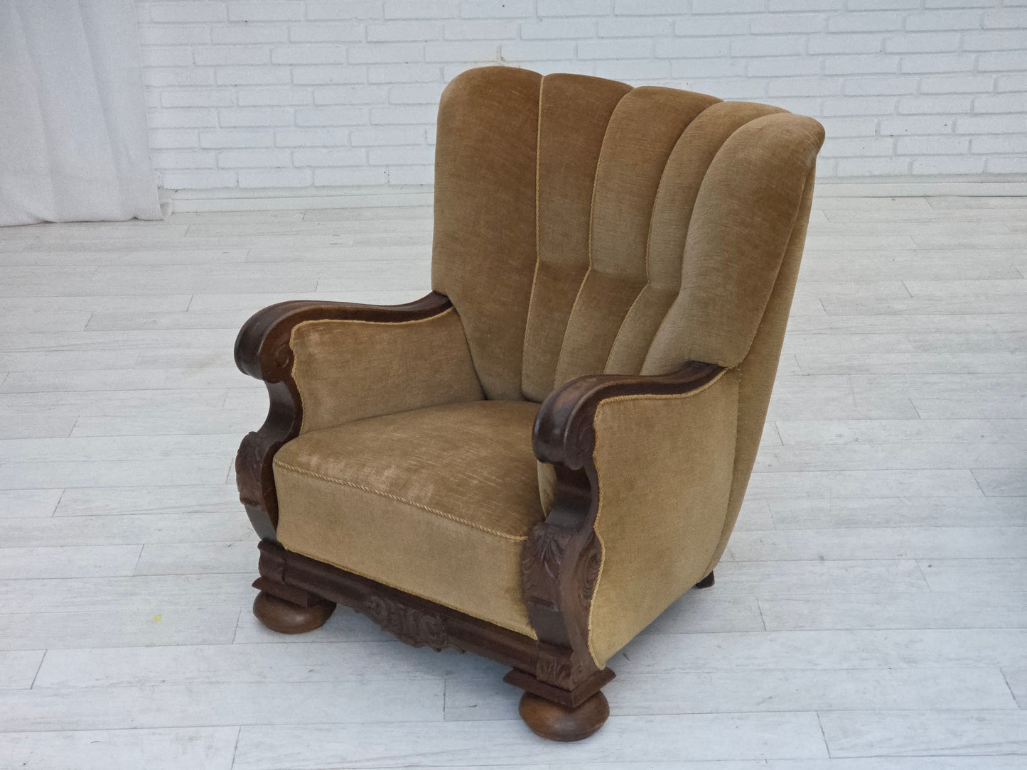 1960s, Danish relax chair, original green furniture velour, carved oak wood.