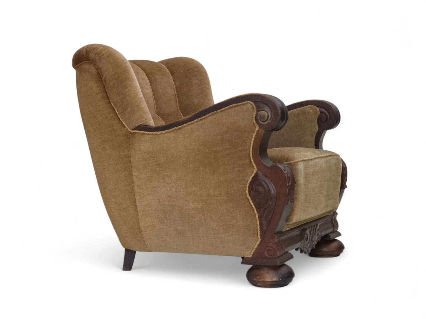 1960s, Danish armchair, original green furniture velour, carved oak wood.