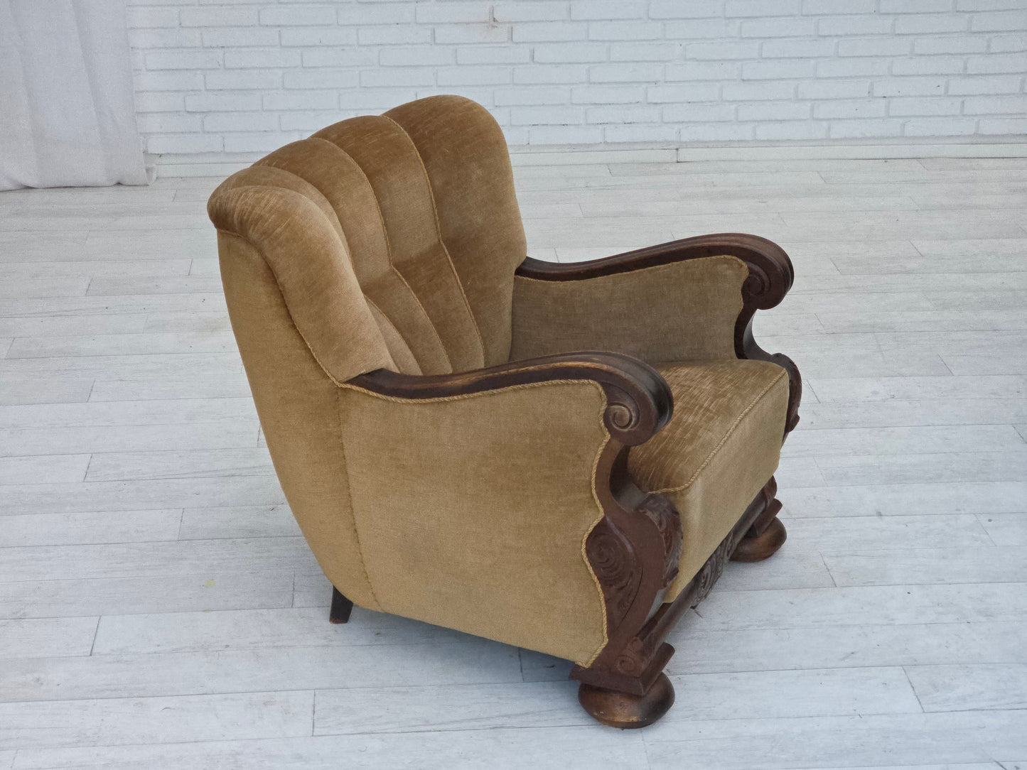 1960s, Danish armchair, original green furniture velour, carved oak wood.