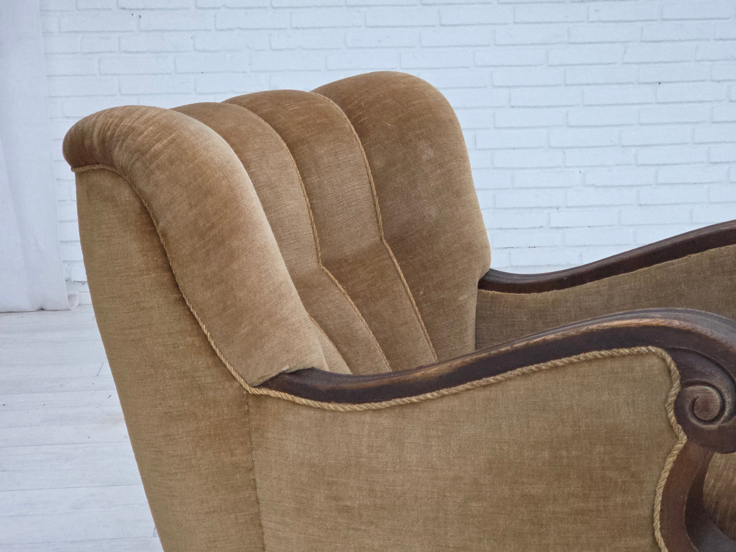 1960s, Danish armchair, original green furniture velour, carved oak wood.