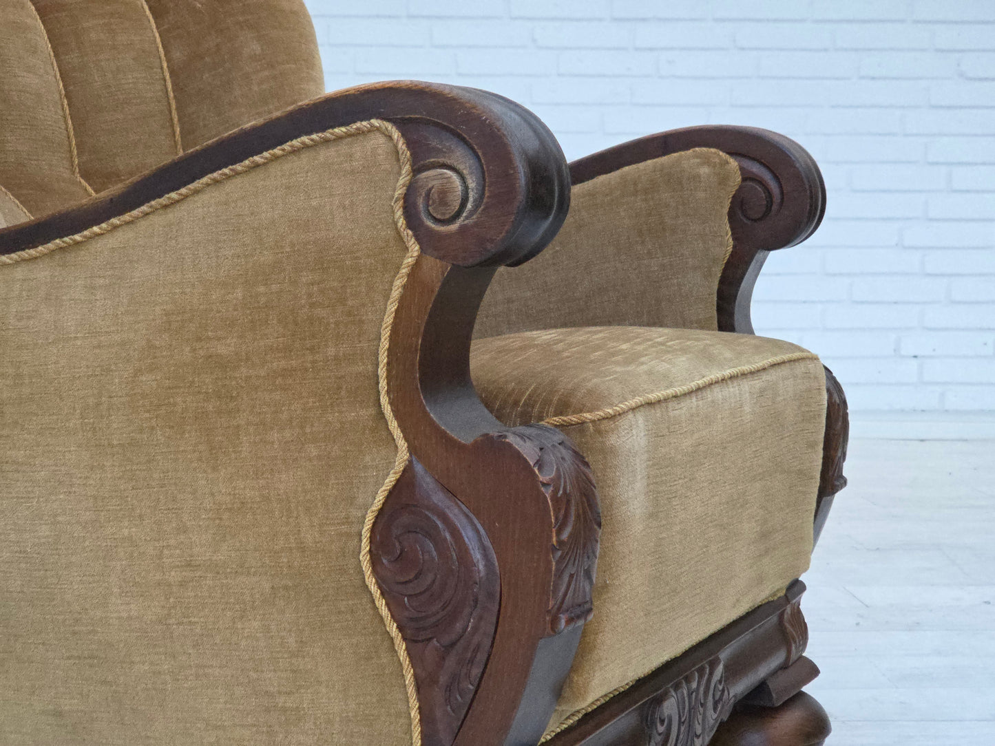 1960s, Danish armchair, original green furniture velour, carved oak wood.