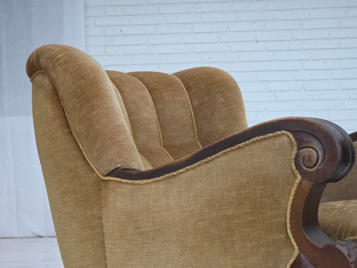 1960s, Danish armchair, original green furniture velour, carved oak wood.