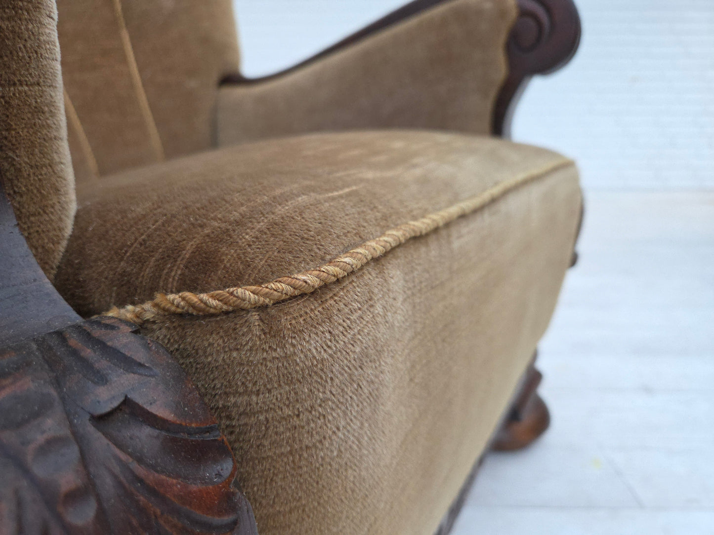 1960s, Danish armchair, original green furniture velour, carved oak wood.