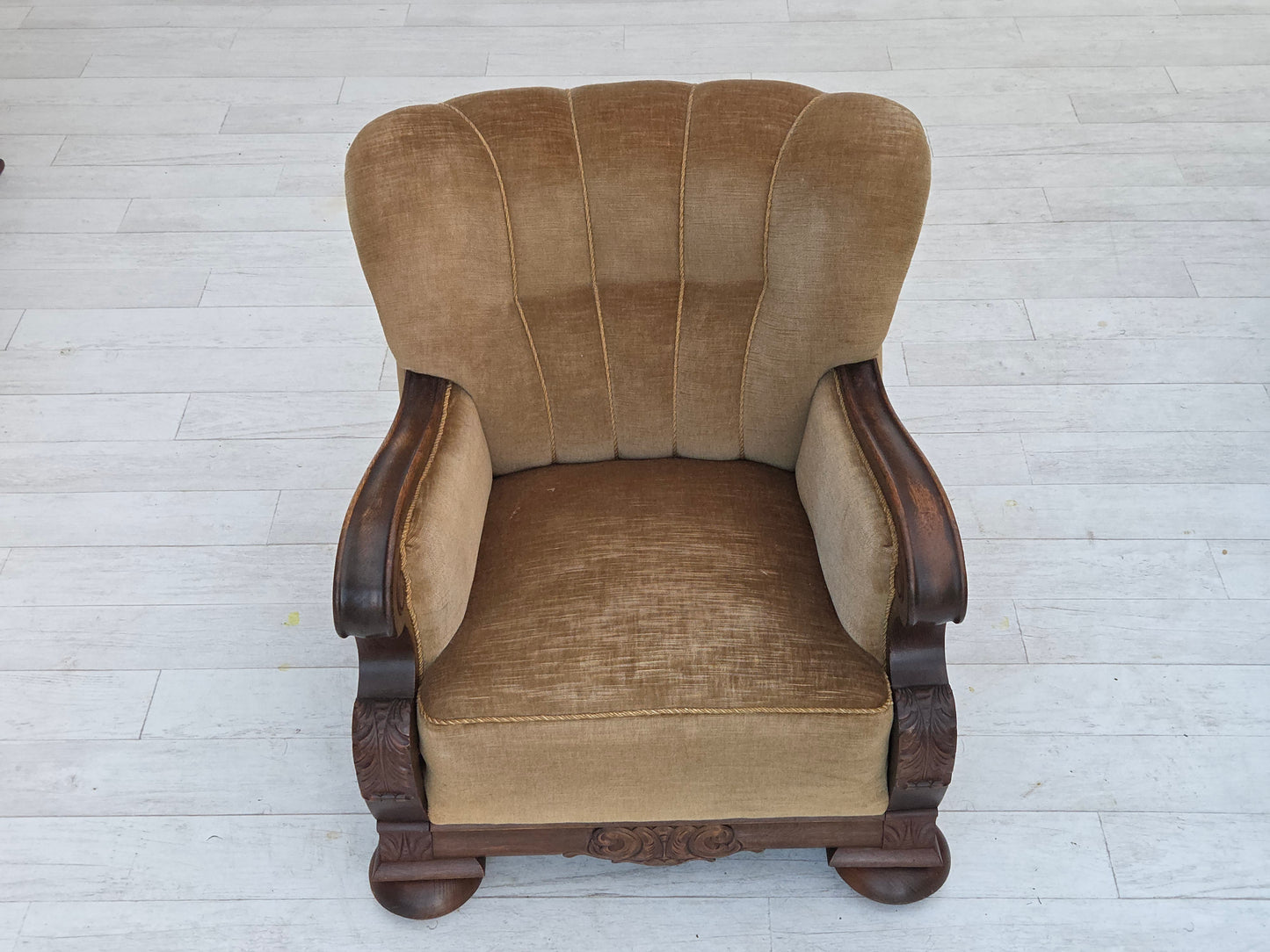 1960s, Danish armchair, original green furniture velour, carved oak wood.