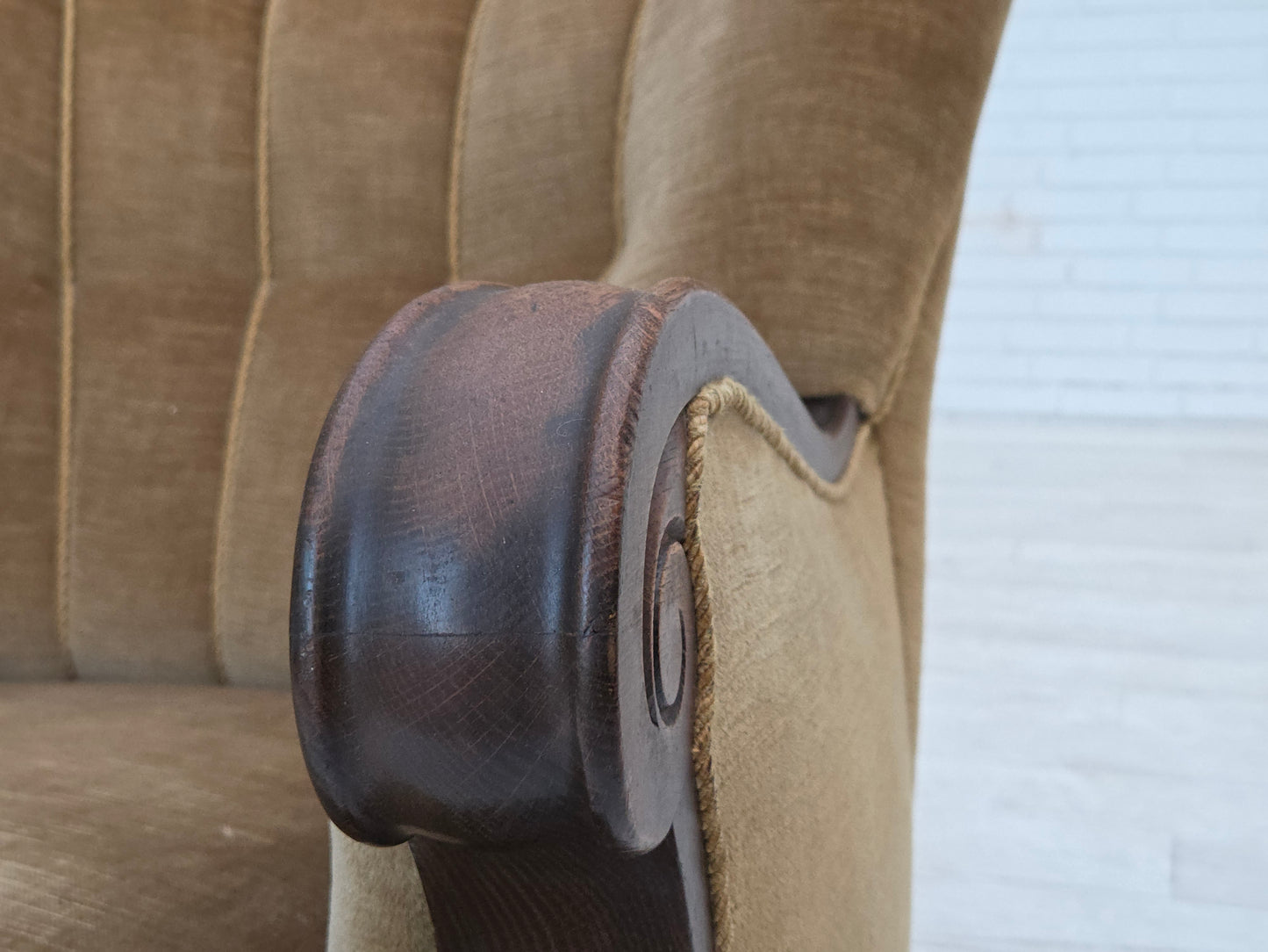 1960s, Danish armchair, original green furniture velour, carved oak wood.