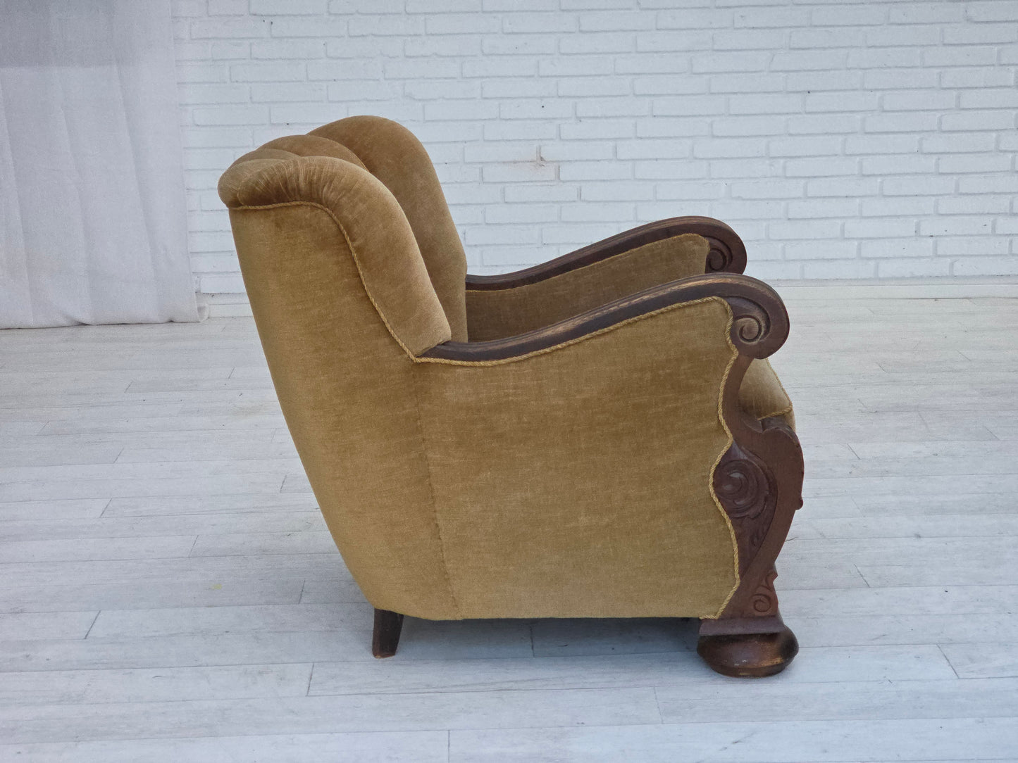 1960s, Danish armchair, original green furniture velour, carved oak wood.