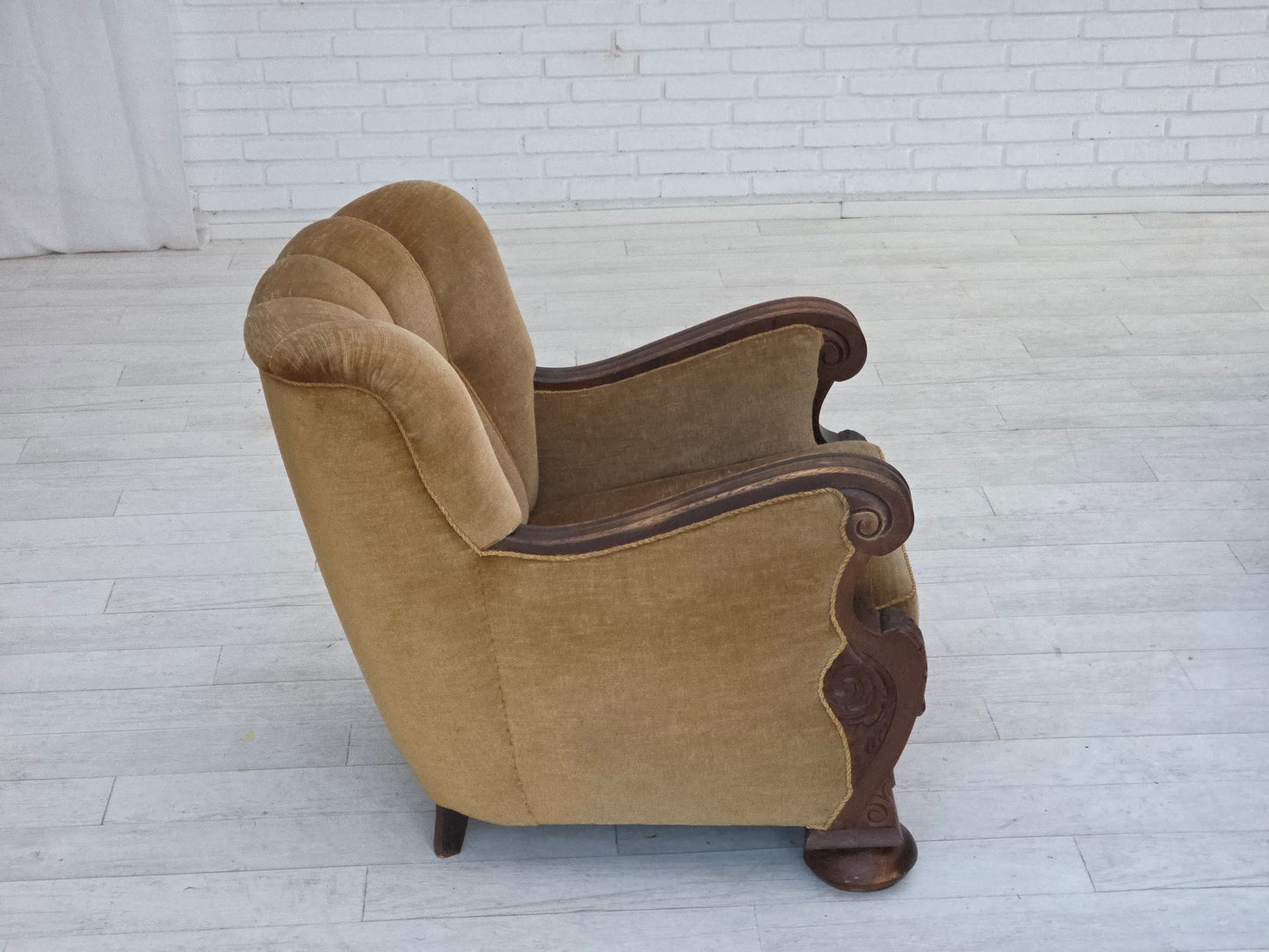 1960s, Danish armchair, original green furniture velour, carved oak wood.