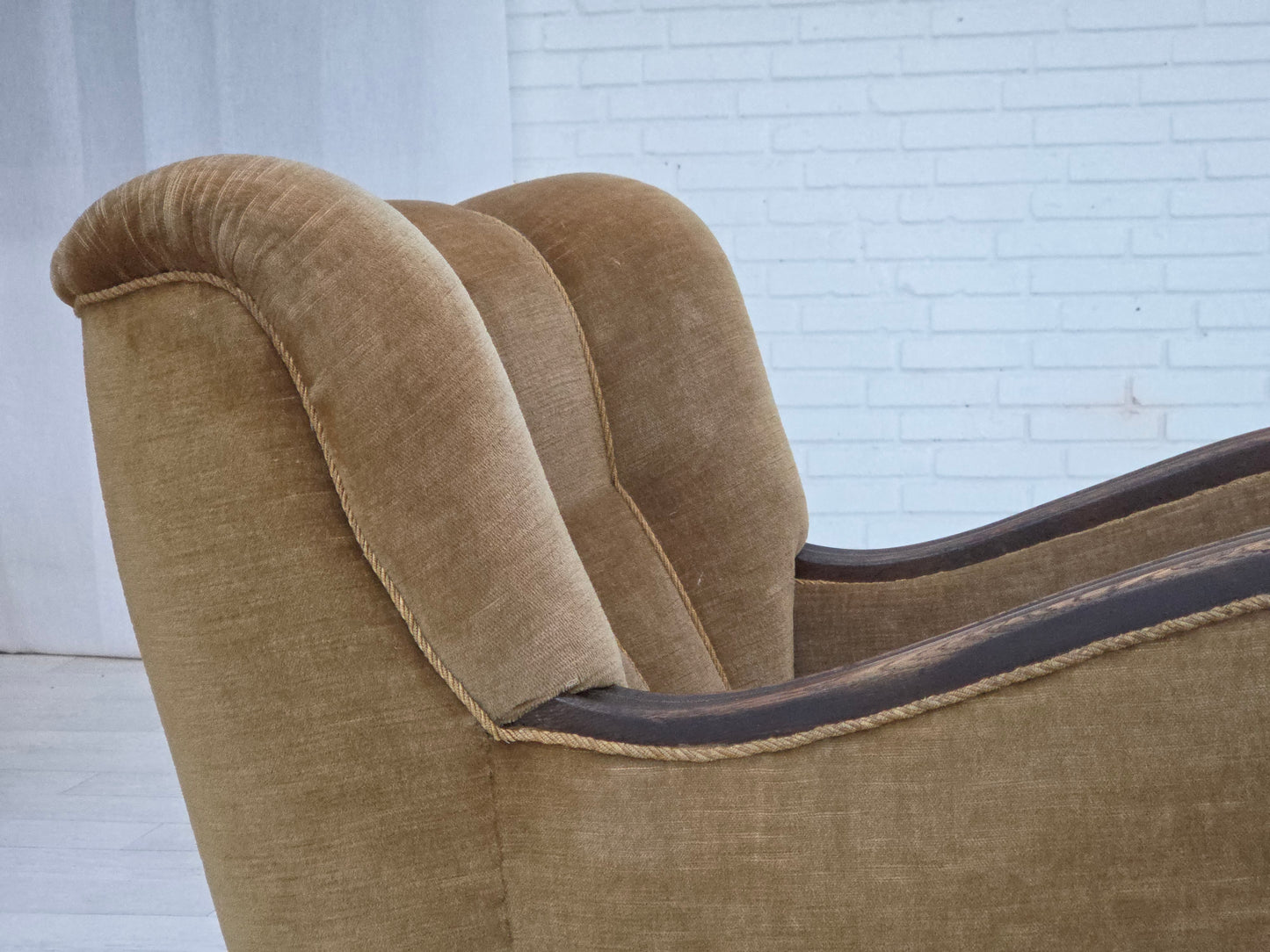 1960s, Danish armchair, original green furniture velour, carved oak wood.