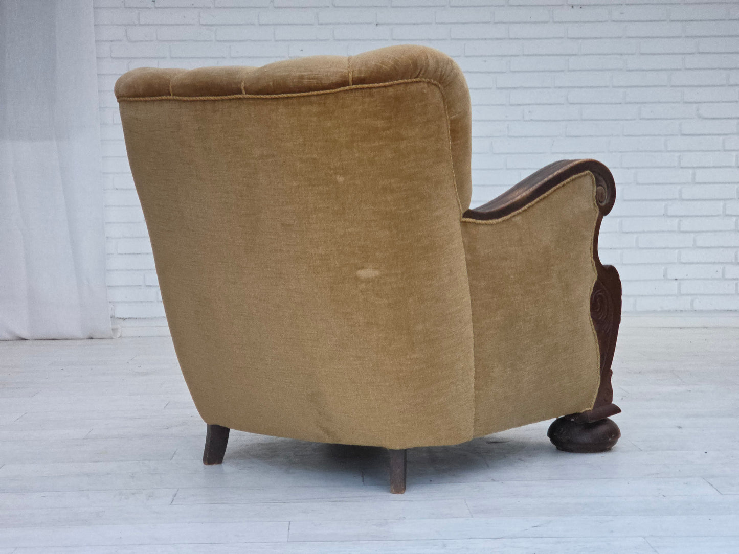 1960s, Danish armchair, original green furniture velour, carved oak wood.