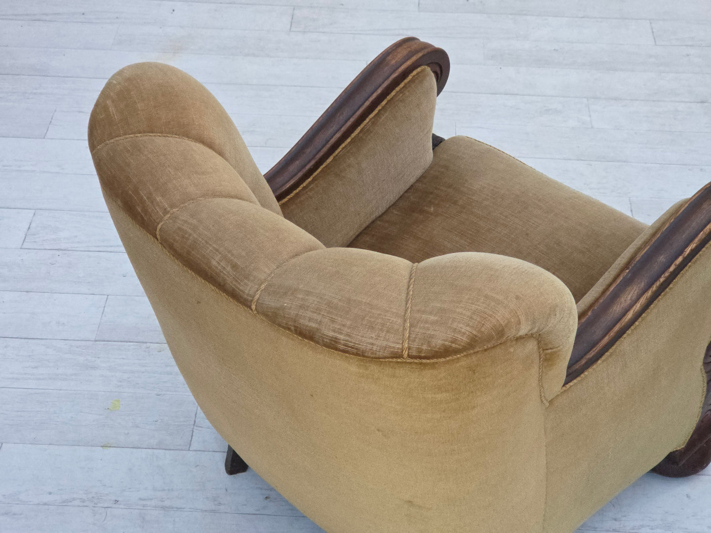 1960s, Danish armchair, original green furniture velour, carved oak wood.