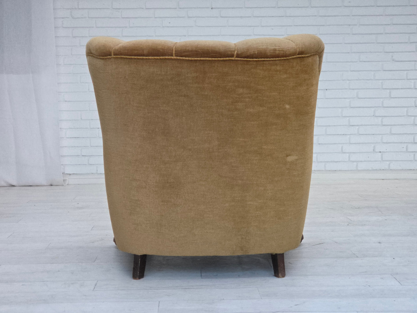 1960s, Danish armchair, original green furniture velour, carved oak wood.