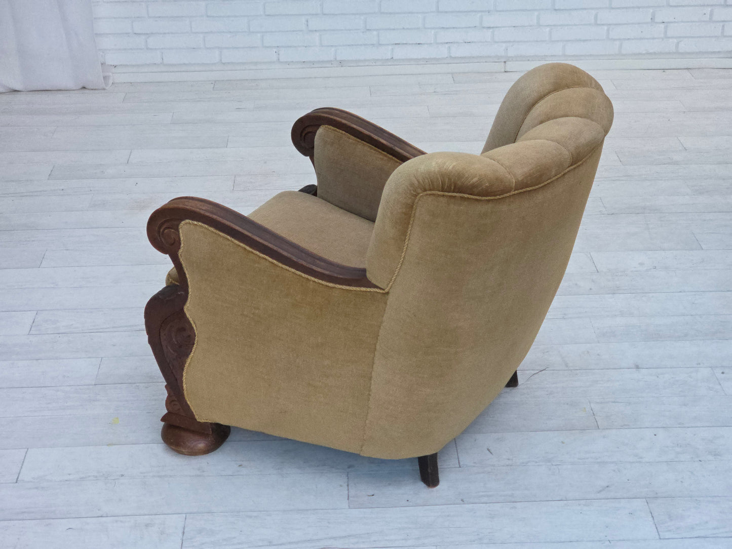 1960s, Danish armchair, original green furniture velour, carved oak wood.