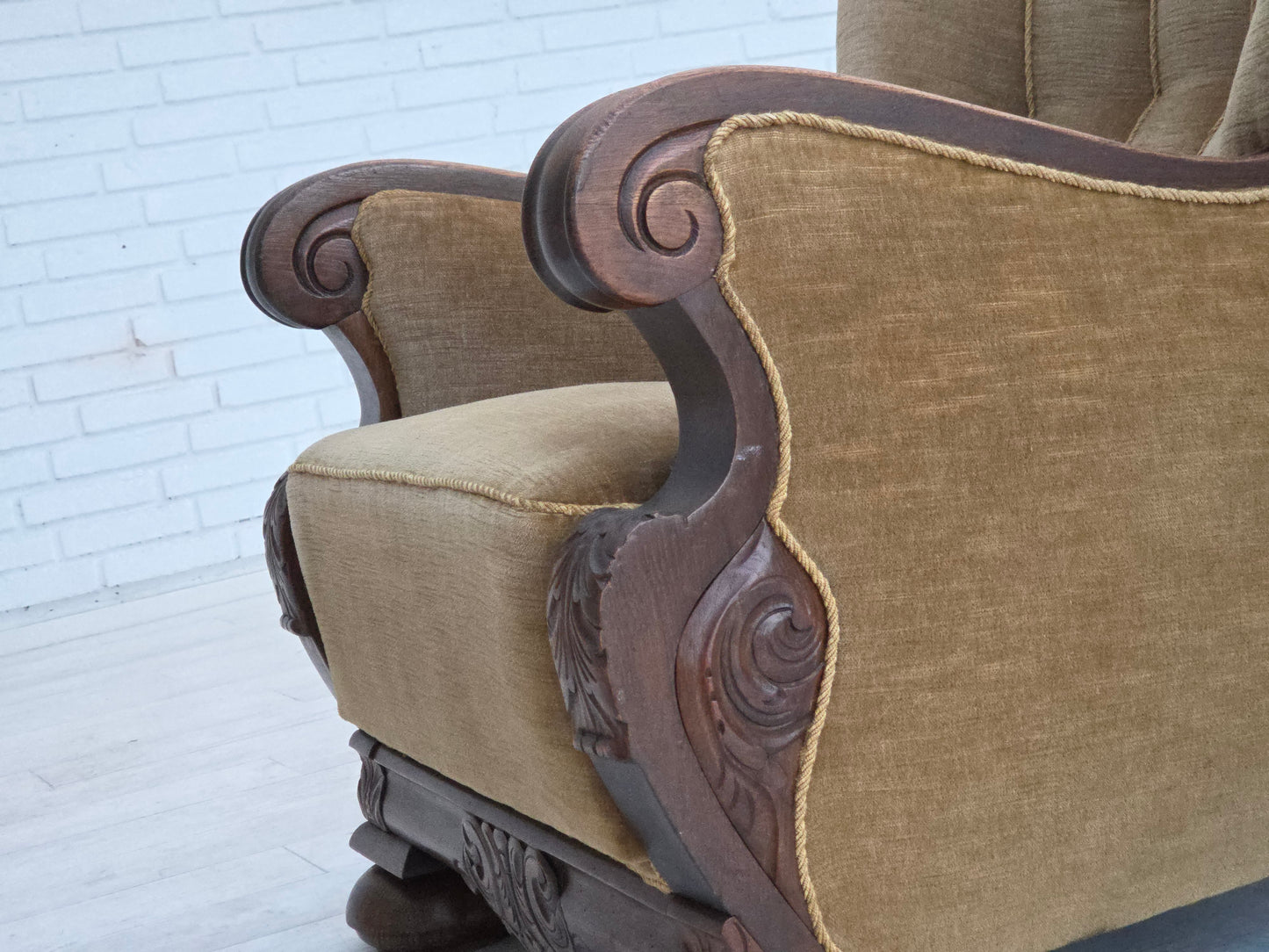 1960s, Danish armchair, original green furniture velour, carved oak wood.