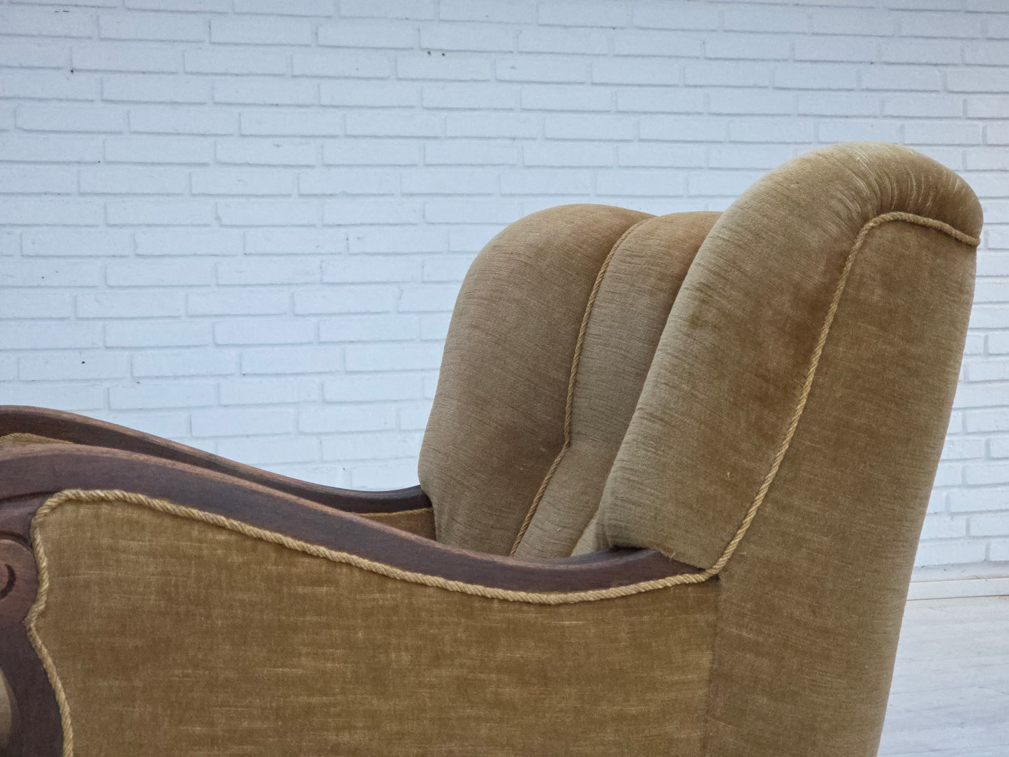1960s, Danish armchair, original green furniture velour, carved oak wood.