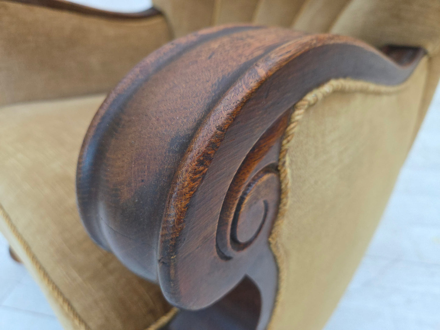 1960s, Danish armchair, original green furniture velour, carved oak wood.