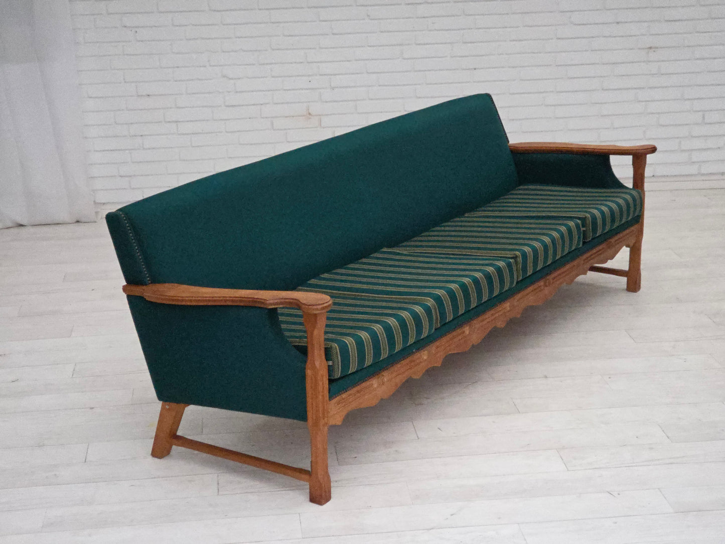 1970s, Danish 4-seater sofa, furniture wool, solid oak wood.