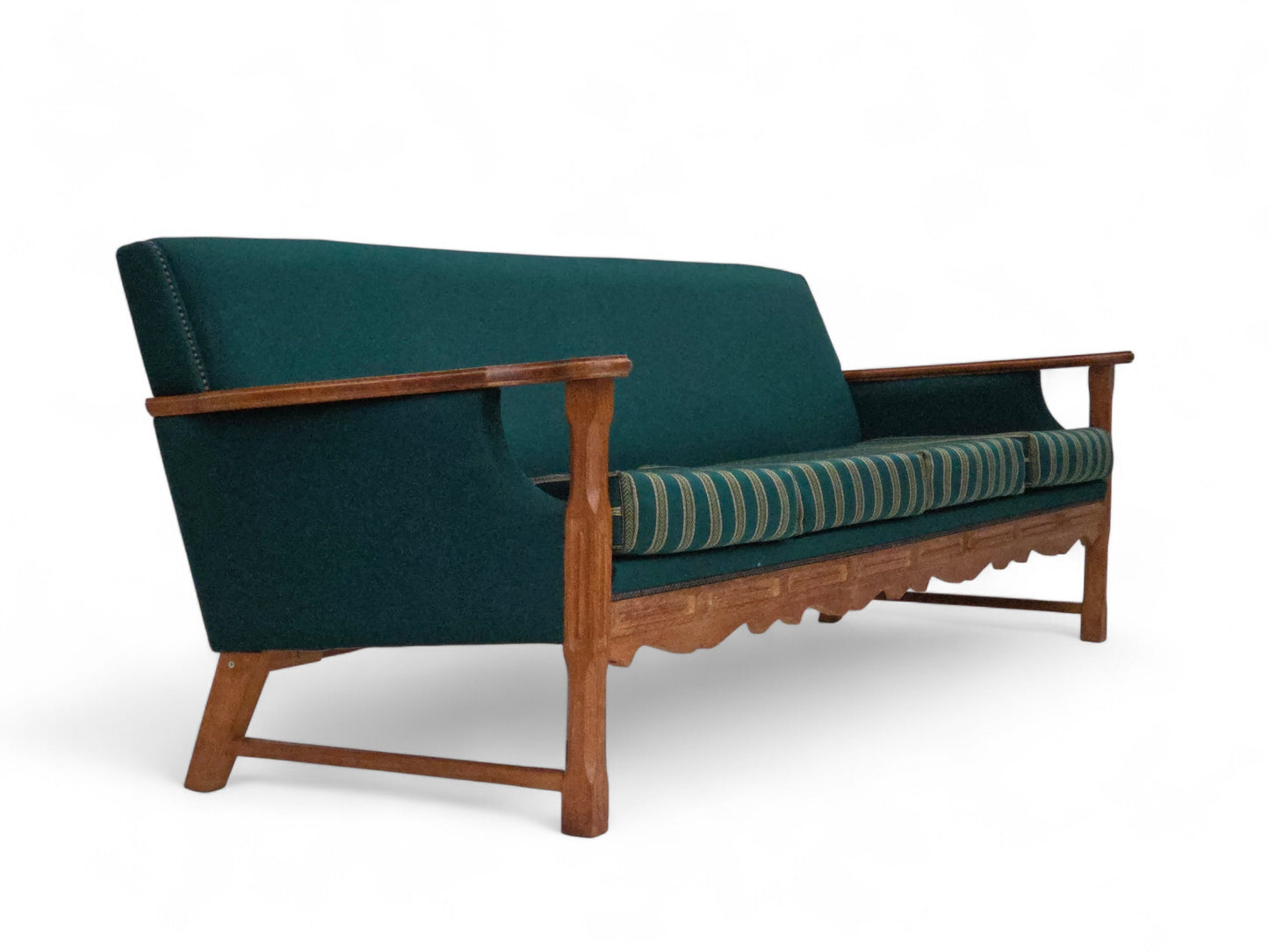 1970s, Danish 4-seater sofa, furniture wool, solid oak wood.
