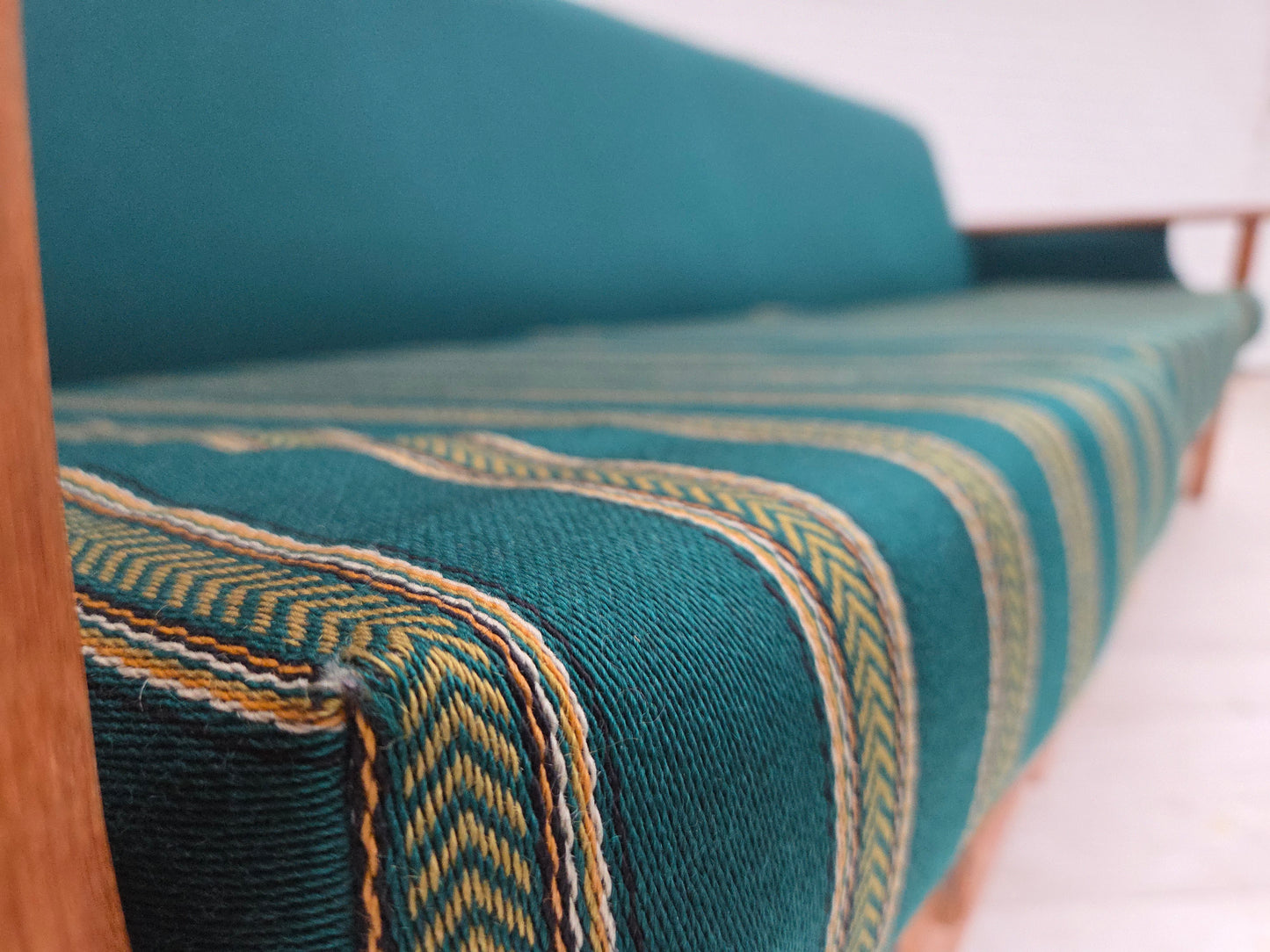 1970s, Danish 4-seater sofa, furniture wool, solid oak wood.