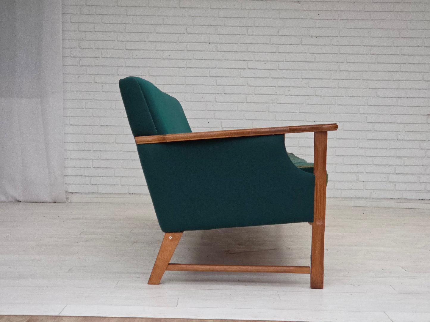 1970s, Danish 4-seater sofa, furniture wool, solid oak wood.