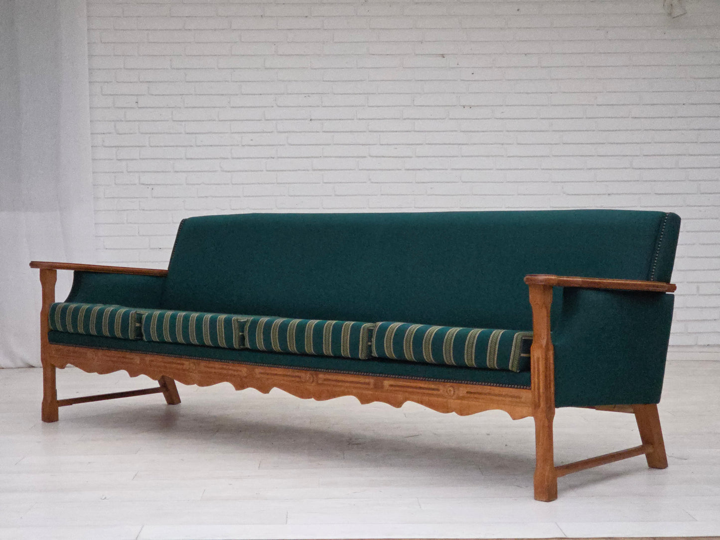 1970s, Danish 4-seater sofa, furniture wool, solid oak wood.