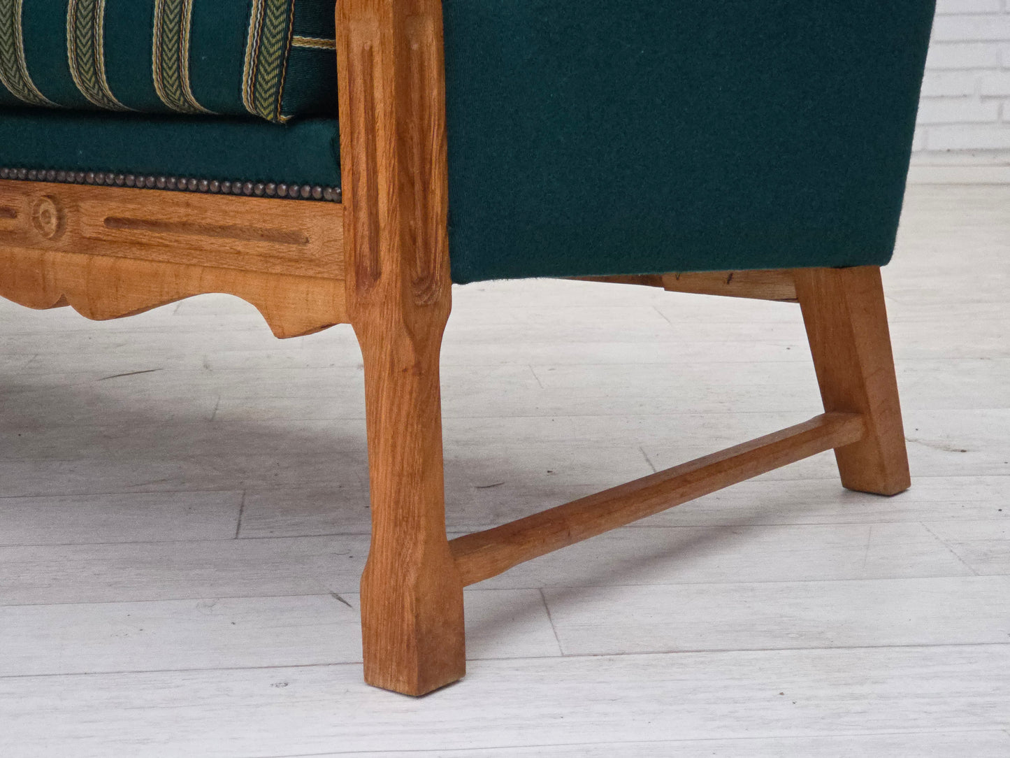 1970s, Danish 4-seater sofa, furniture wool, solid oak wood.