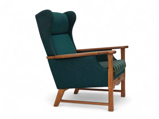 1970s, Danish high back armchair, furniture wool, solid oak wood.