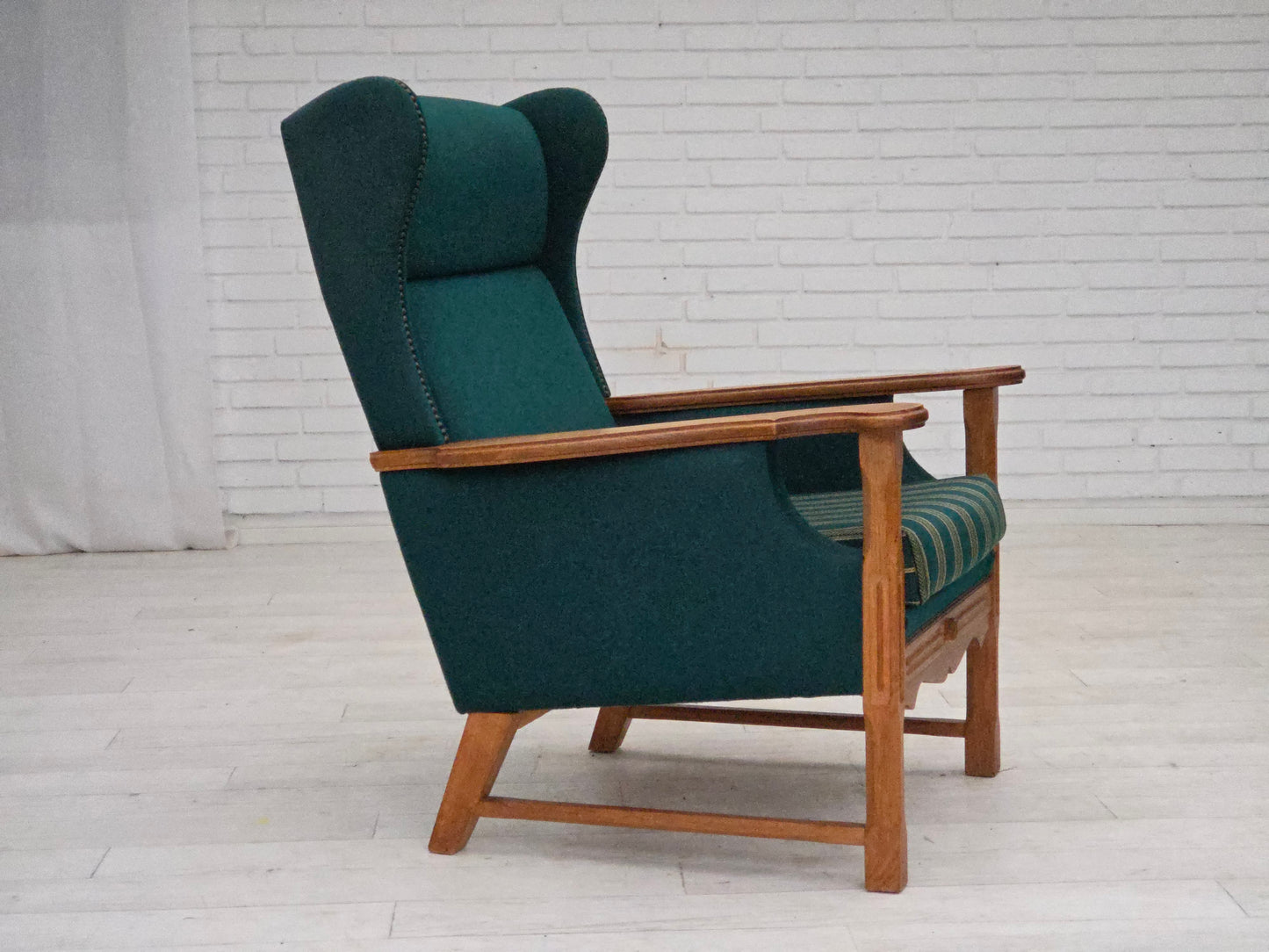 1970s, Danish high back armchair, furniture wool, solid oak wood.