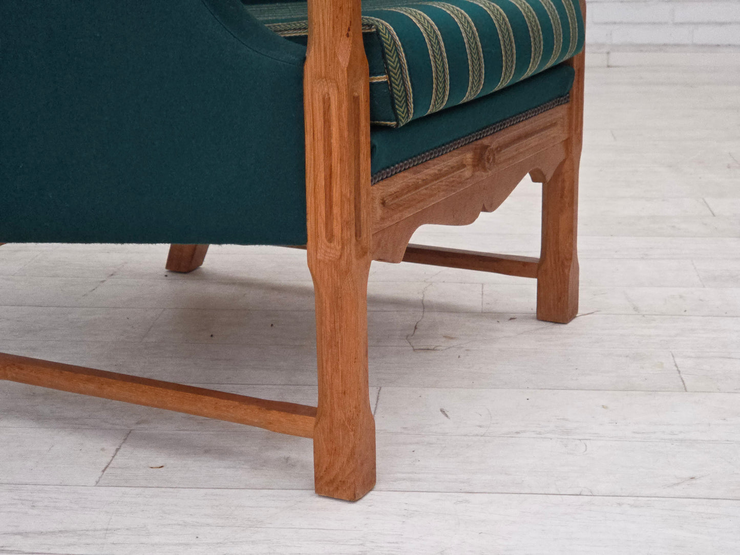 1970s, Danish high back armchair, furniture wool, solid oak wood.