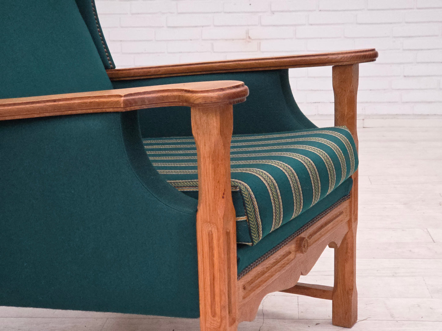 1970s, Danish high back armchair, furniture wool, solid oak wood.