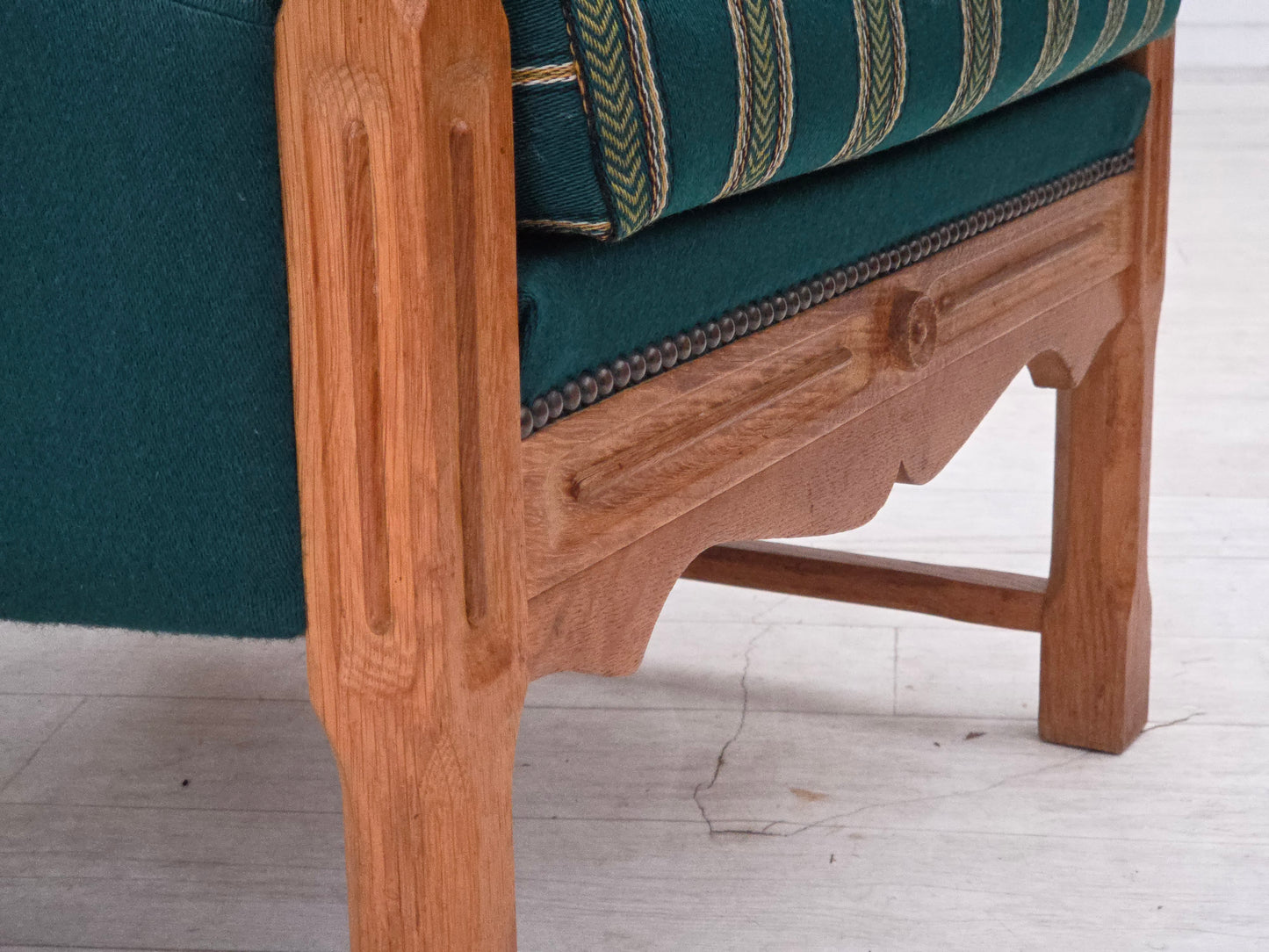 1970s, Danish high back armchair, furniture wool, solid oak wood.