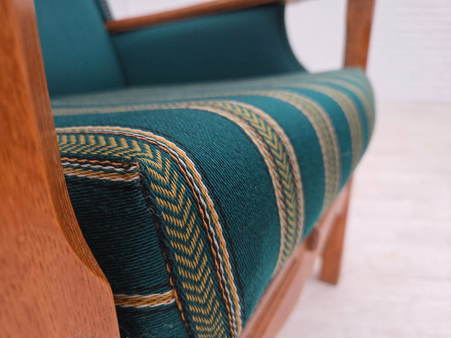1970s, Danish high back armchair, furniture wool, solid oak wood.