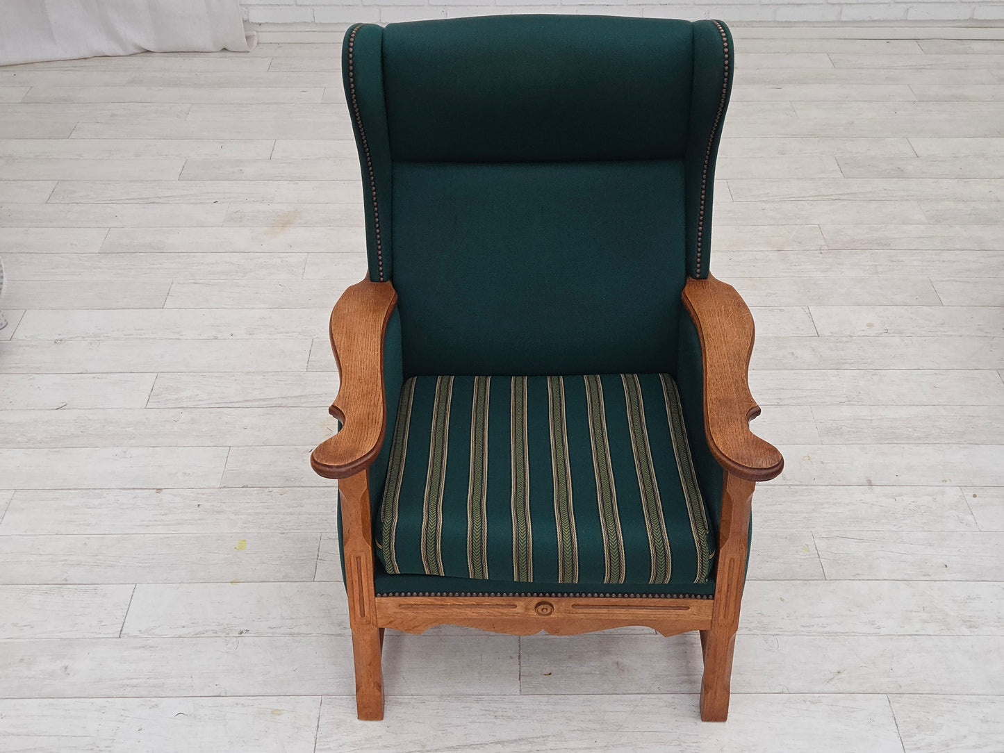 1970s, Danish high back armchair, furniture wool, solid oak wood.