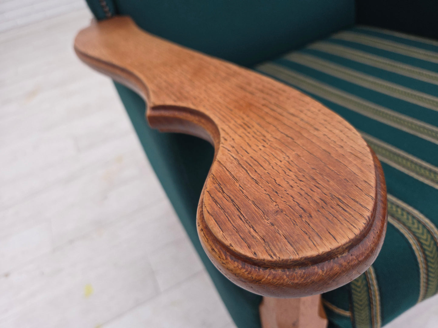 1970s, Danish high back armchair, furniture wool, solid oak wood.