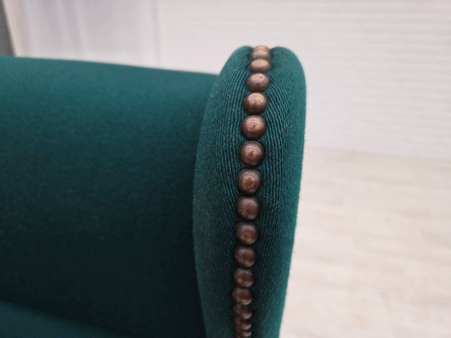 1970s, Danish high back armchair, furniture wool, solid oak wood.