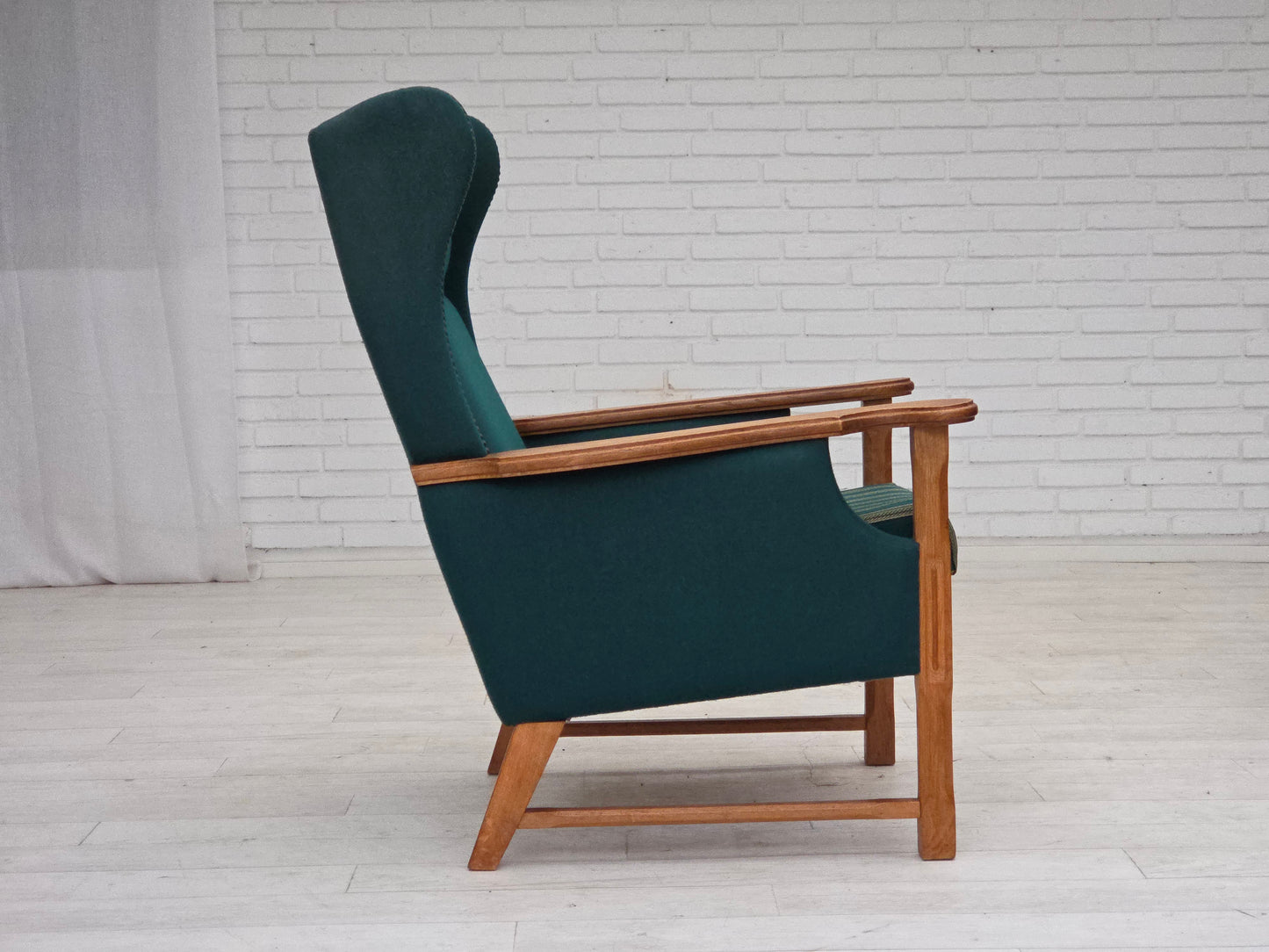 1970s, Danish high back armchair, furniture wool, solid oak wood.