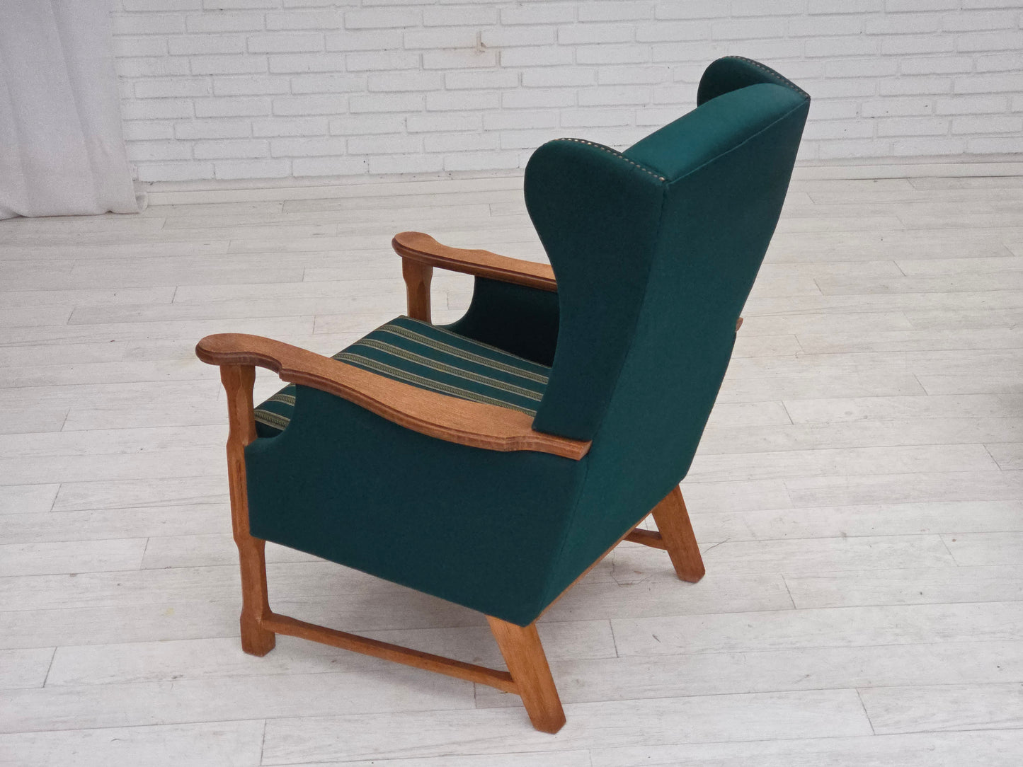1970s, Danish high back armchair, furniture wool, solid oak wood.