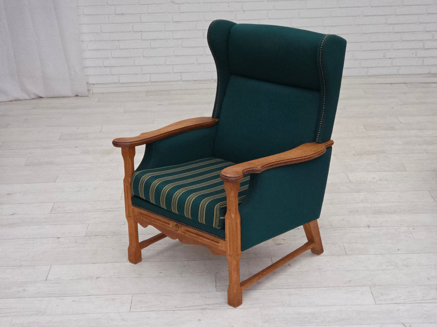 1970s, Danish high back armchair, furniture wool, solid oak wood.