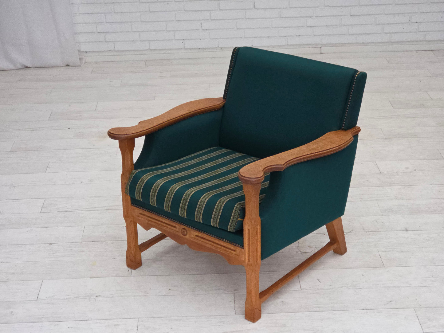 1970s, Danish armchair, furniture wool, solid oak wood.