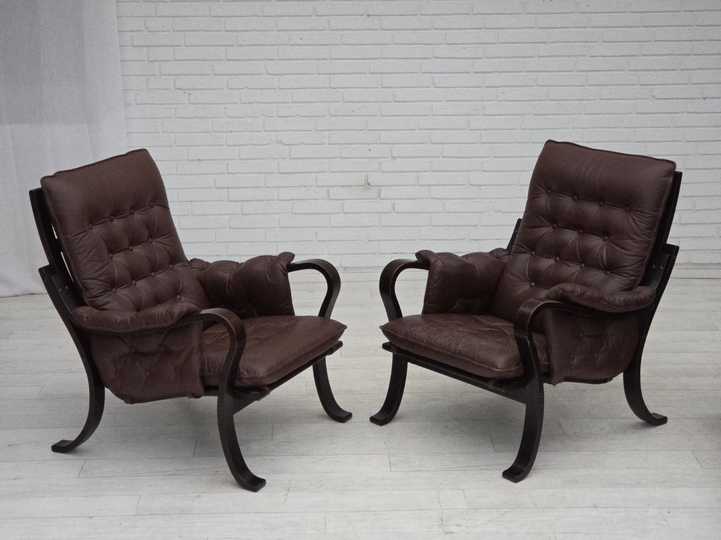 1970s, Scandinavian vintage design, armchair, brown leather, bent wood.