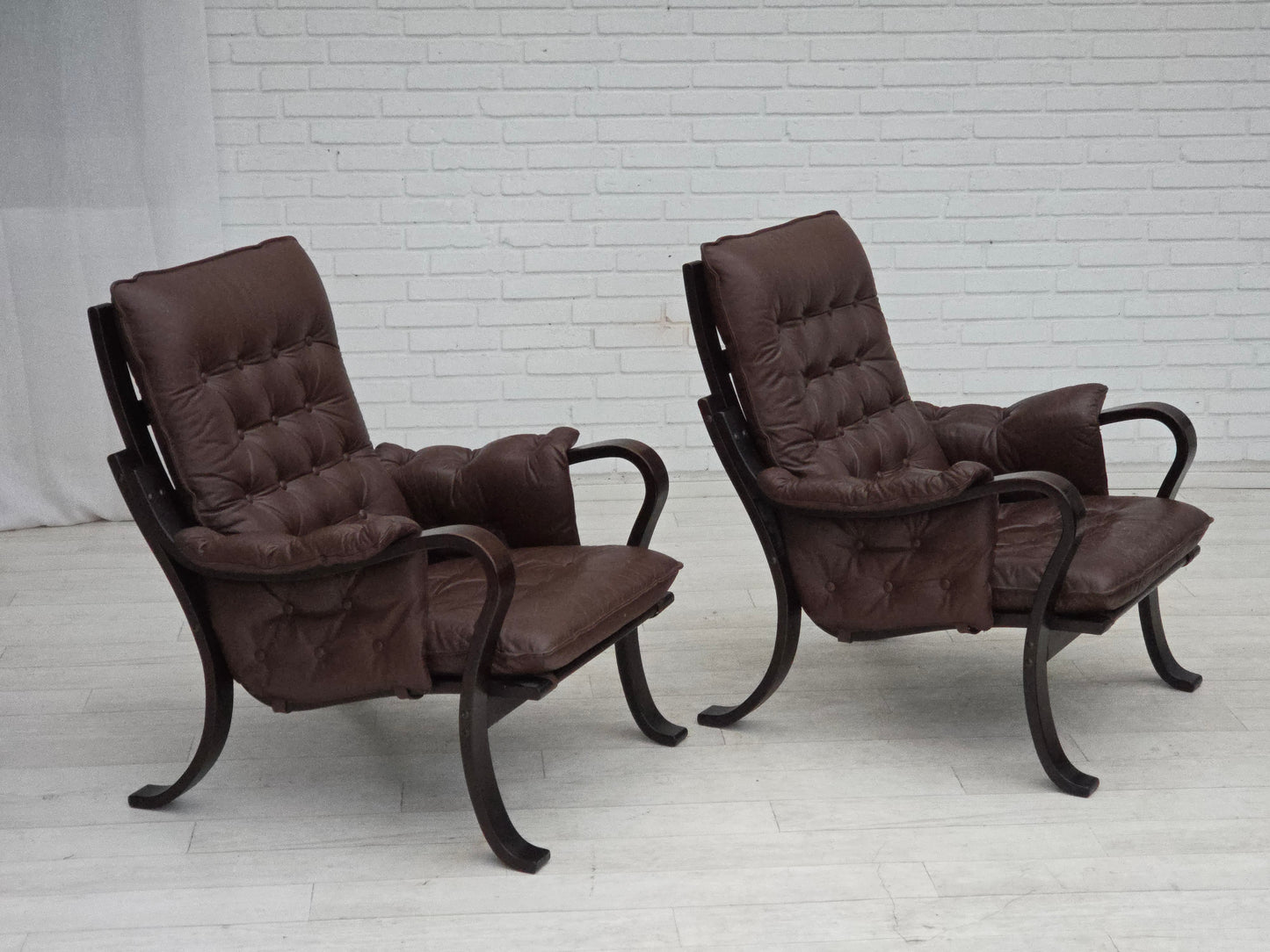 1970s, Scandinavian vintage design, armchair, brown leather, bent wood.