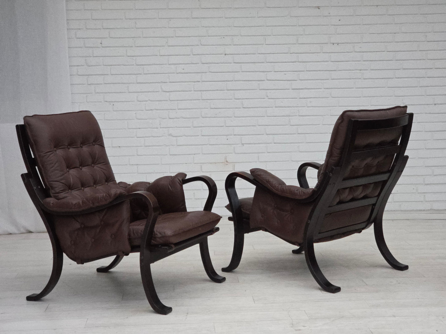 1970s, Scandinavian vintage design, armchair, brown leather, bent wood.