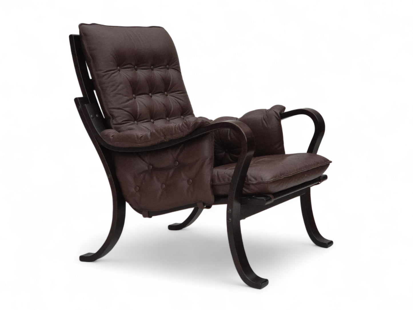 1970s, Scandinavian vintage design, armchair, brown leather, bent wood.